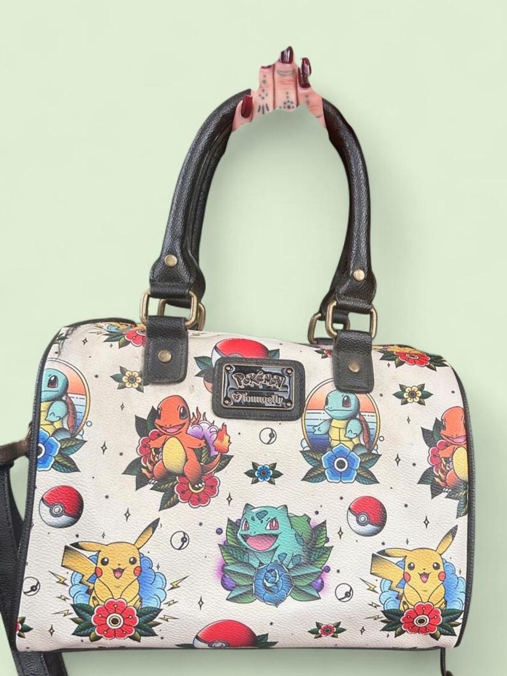 White Loungefly Satchel with Traditional Tattoo Gen 1 Starter Pokémon Print